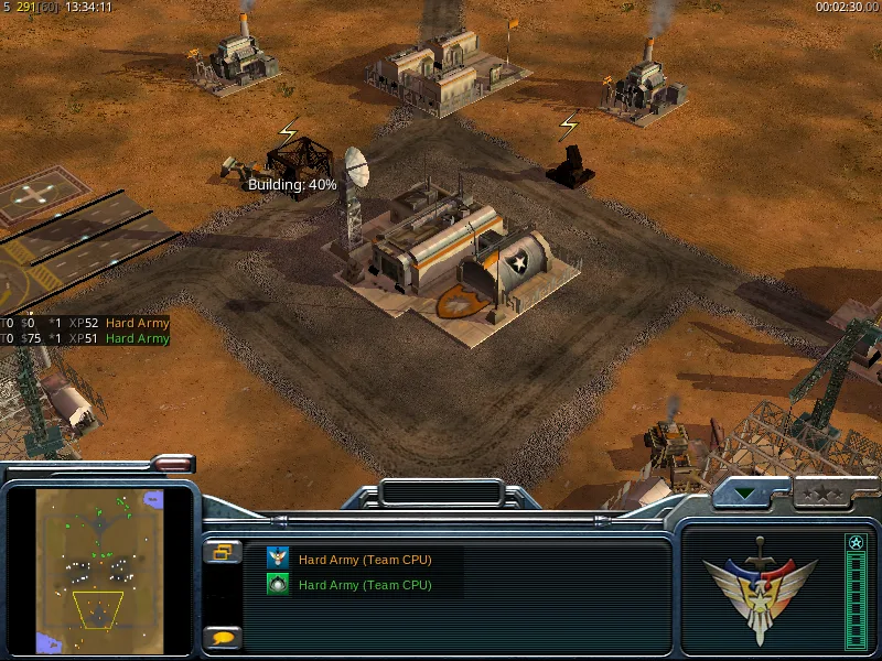 Screenshot of the same match on the Linux desktop at 2:30 of game time, showing the same base and the same 40% construction.