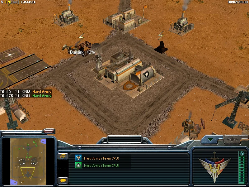 Screenshot of the match on the Windows laptop at 2:30 of game time: an American base with a command center under construction at 40%, two Hard Army players listed in the player panel.